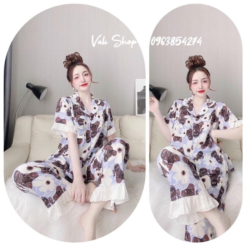 Đồ ngủ mặc nhà lụa mango pijama quần dài hoạ tiết freesize 42- 60kg