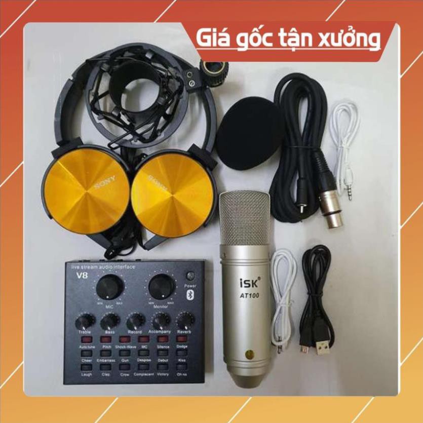 combo livestream SOUND CARD V8 autotune micro ISK AT100 Tặng tai nghe chụp thu âm siêu hay