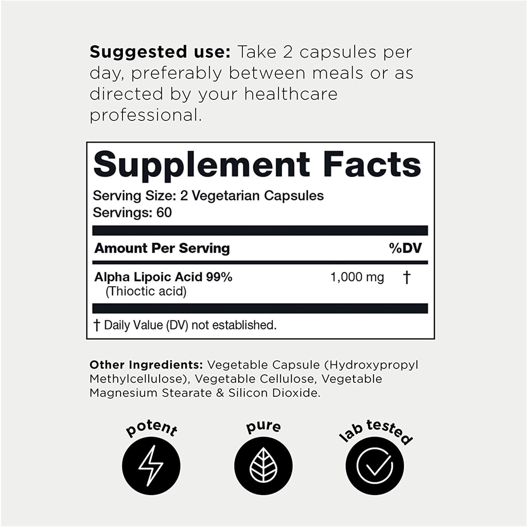 Alpha Lipoic Acid 1000mg TONIIQ, độ tinh khiết cao 99% bổ sung ALA hỗ trợ lượng đường trong máu khỏe mạnh, chống lão hóa