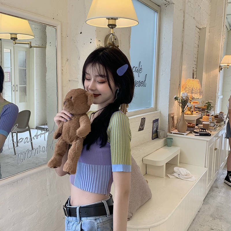 Áo Thun Tay Ngắn Họa Tiết Kẻ Sọc Cầu Vồng Phong Cách Hàn Quốc Thời Trang Mới 2022 Dành Cho Bạn Nữ