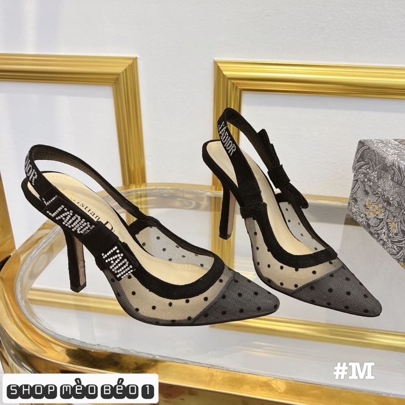 Sandal cd lưới bi nơ quai sau gót nhọn cao fullbox