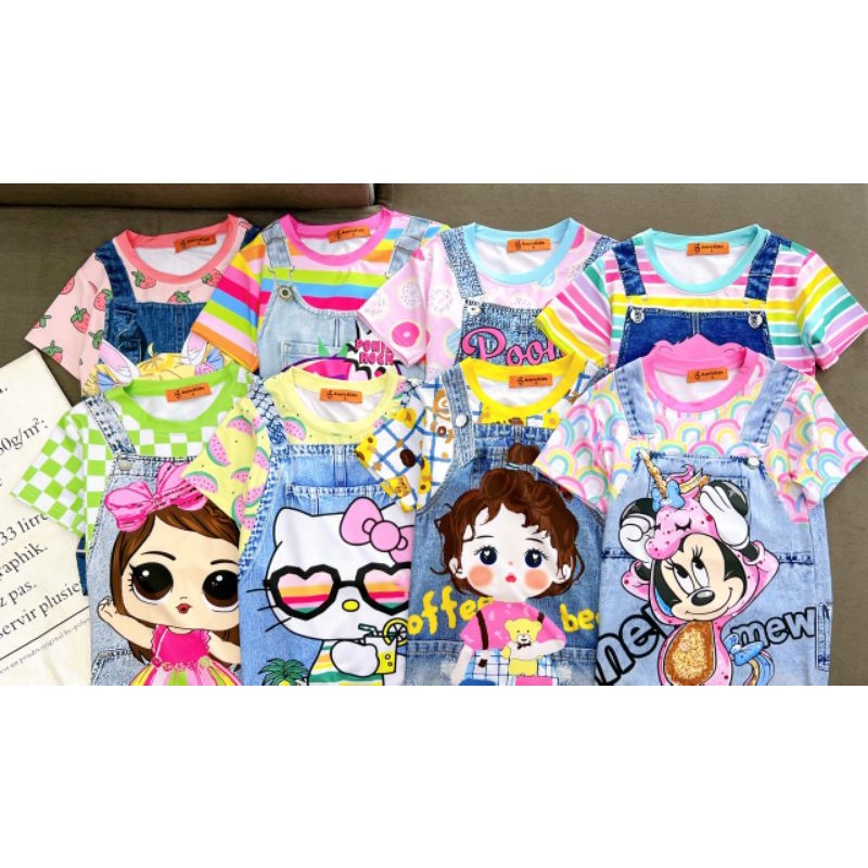 Đầm suông thun lạnh in 3D giả yếm jean xinh xắn cho bé gái 10 đến 21kg, váy bé gái