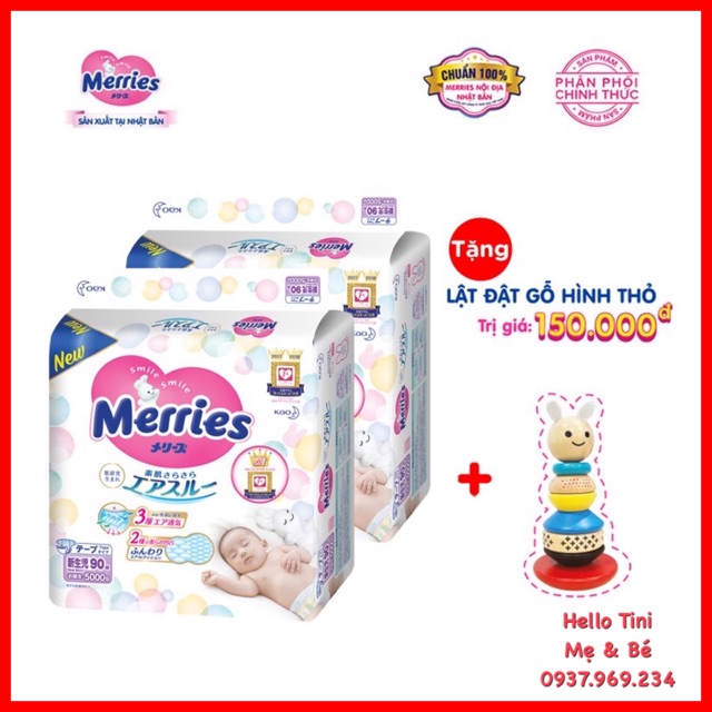 (Tặng lật đật gỗ Merries) Combo 2 Tã/ bỉm dán Merries Đủ Size NB90/S82/M58/L44/XL38