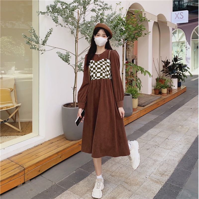 Đầm Nữ Giả Hai Lớp Thắt Lưng Họa Tiết Caro Phong Cách Hàn Quốc Thời Trang