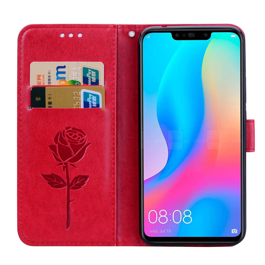 Bao da điện thoại dập nổi hình hoa hồng cho Huawei Nova 3i 3 e3