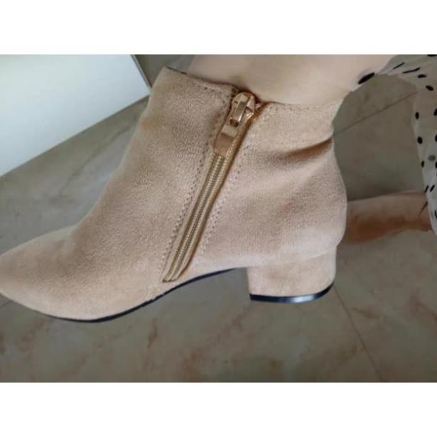 Boots cổ ngắn/Giày nữ, khóa kéo phá cách, da lộn, đế thấp, mũi nhọn, gót thô, kiểu dáng Âu Mỹ - Sale 1