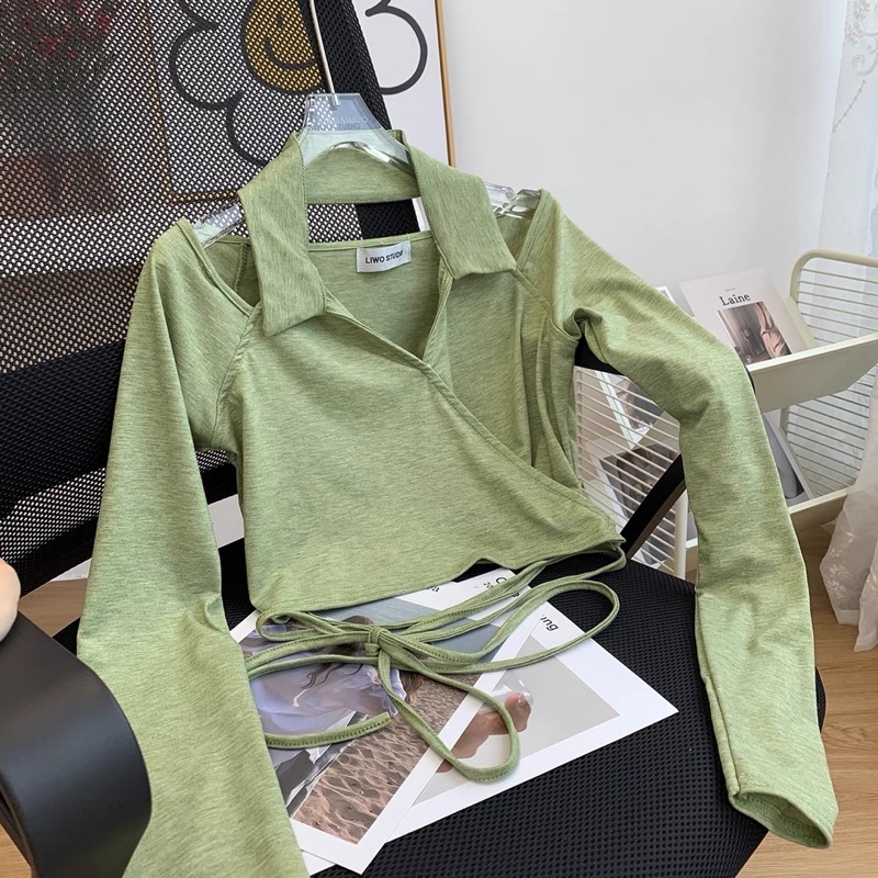 Áo croptop hở vai tay dài đan dây sexy