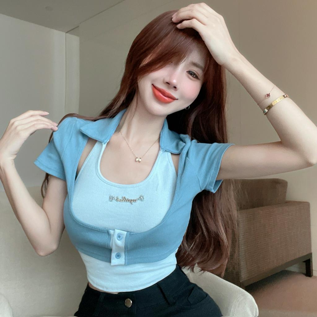 Lalisas Bộ Áo Croptop Hai Dây Ôm Dáng Tay Cộc Cổ Treo Thiết Kế niche Mỹ Nóng Bỏng Cho Nữ