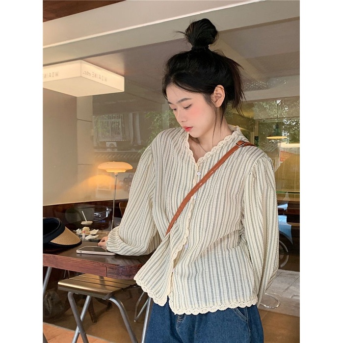 Áo Sơ Mi Nữ Tay Dài Kẻ Sọc Cổ Chữ V Thời Trang Hàn Quốc