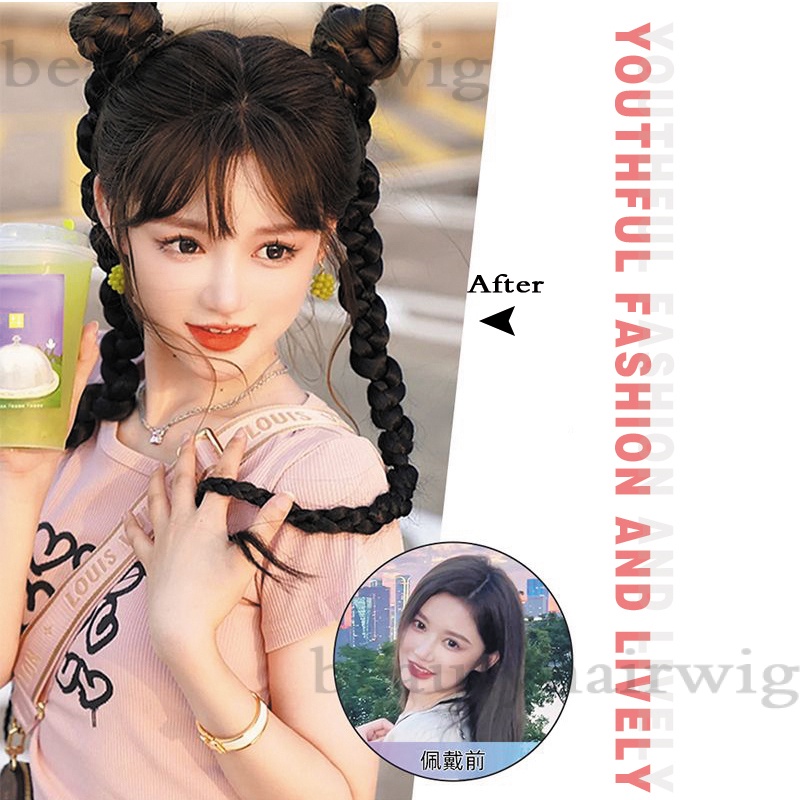 Bộ 2 Tóc Giả Thắt Bím Đuôi Ngựa Dài 70CM Màu Đen Tự Nhiên