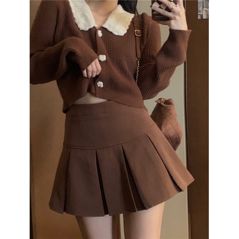 Set áo khoác cardigan và chân váy xếp ly phong cách Nhật Bản (Có bán lẻ)