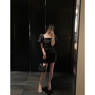 Đầm đen nhún thân đan dây sau