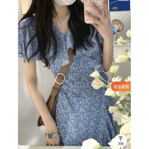 Đầm xanh chấm bi xẻ vạt, váy chấm bi xanh xẻ vạt, váy hoa nhí xẻ vạt