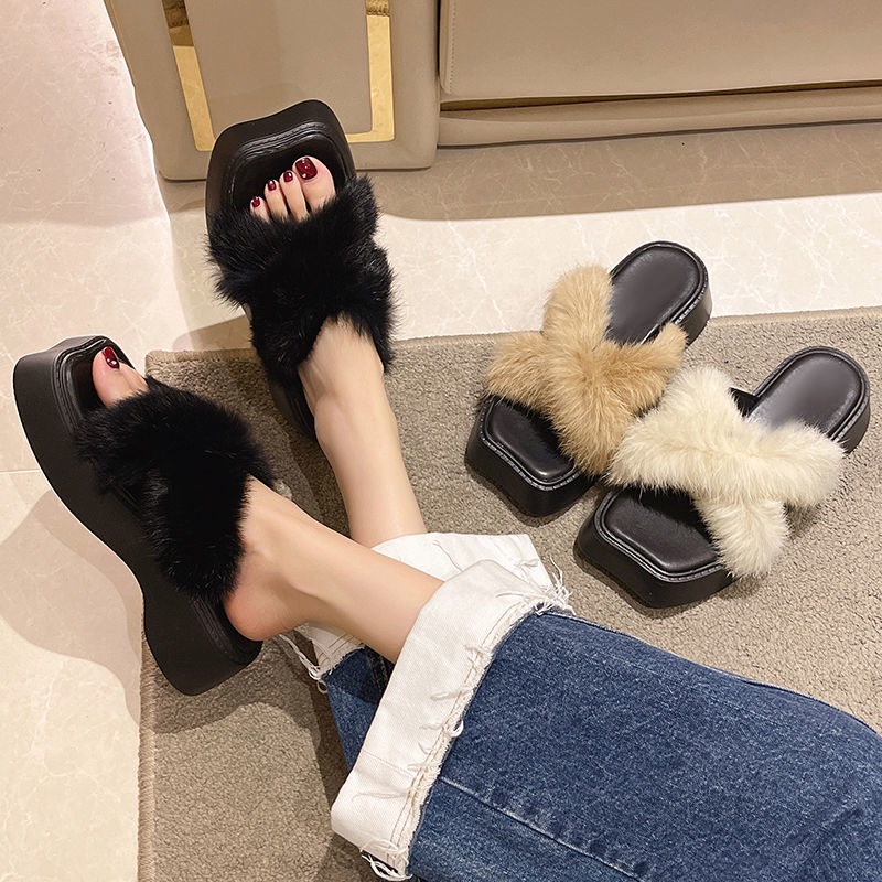 Dép Lông Xù Mũi Vuông Đế Dày Thời Trang Mùa Thu 2022 Mới Cho Nữ