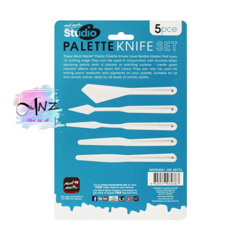 Bay bộ nhựa Mont Marte 5 cây, Mont Marte Studio Palette Knife Set 5pce Plastic MAPK0001