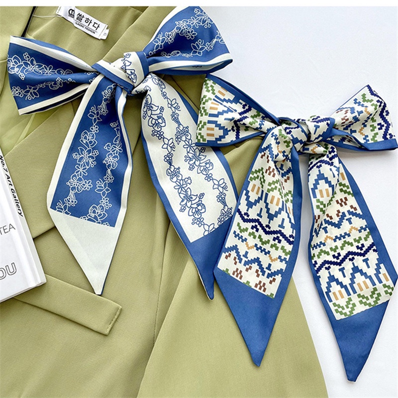 Bộ 5 Khăn Quàng Cổ / Băng Đô Cài Tóc / Khăn Quàng Cổ Thắt Nơ Ruy Băng Nhỏ Bằng Lụa Màu Xanh Dương Đa Năng