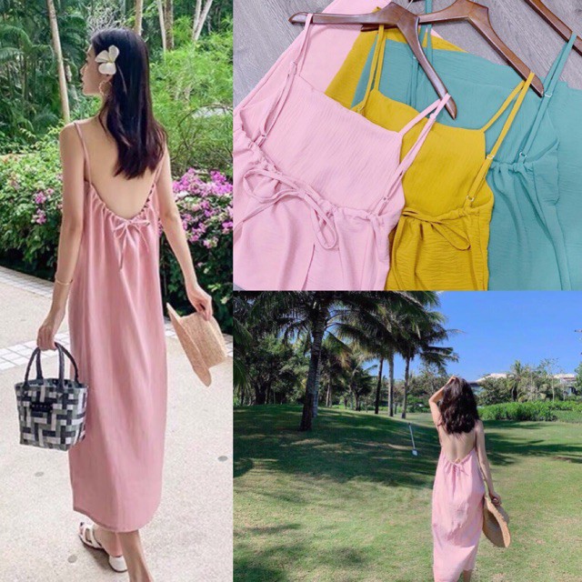 Váy maxi hai dây đũi hở lưng dáng xuông dây điều chỉnh - Đầm maxi dây nhiều màu freesize dáng rộng đi biển