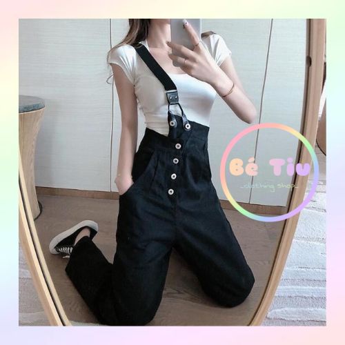 Quần Jean Demin Yếm Đen 1 Dây Chéo Ống Đứng Phong Cách Năng Động Thời Trang Hàn Quốc | Bé Tiu Clothing