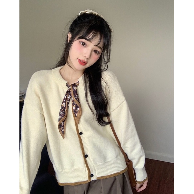 Áo khoác len cardigan cổ buộc khăn