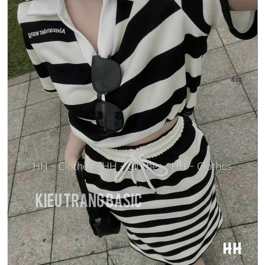 Sét bộ đồ nữ áo cổ sơ mi cộc tay họa tiết kẻ ngang đen trắng mix chân váy thun gân duyên dáng dễ thương đi chơi dự tiệc