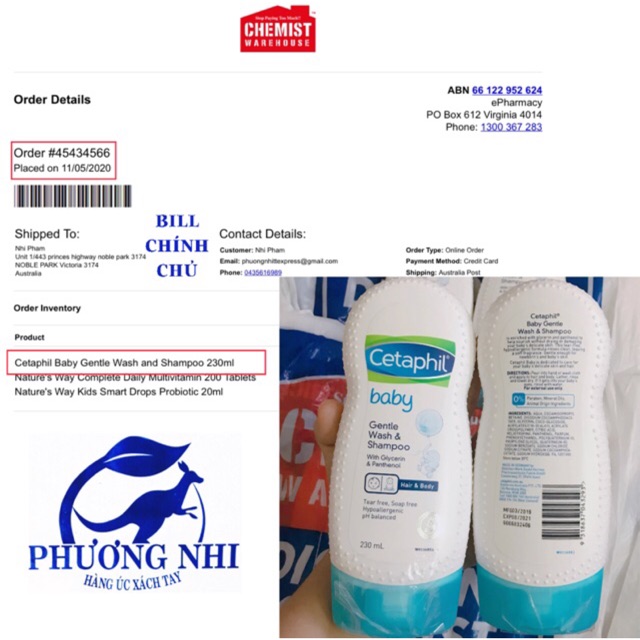 (ÚC) Sữa tắm gội Cetaphil baby cho bé 230ml và 400ml - full bill chemist