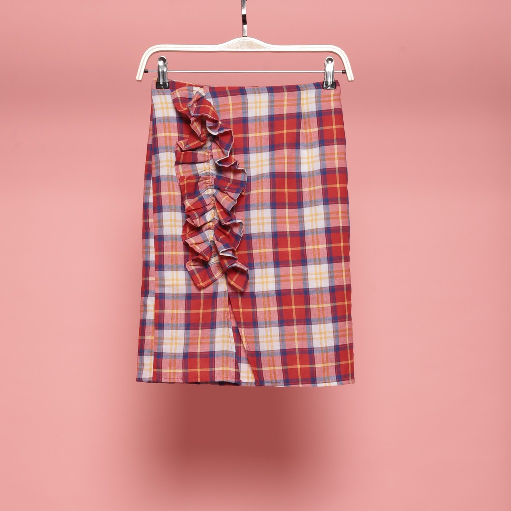 [Mã FASHIONIFU200 giảm 0.4 đơn 449k] Chân váy ôm kẻ phối nơ xếp IFU 2474 xanh đỏ | BigBuy360 - bigbuy360.vn