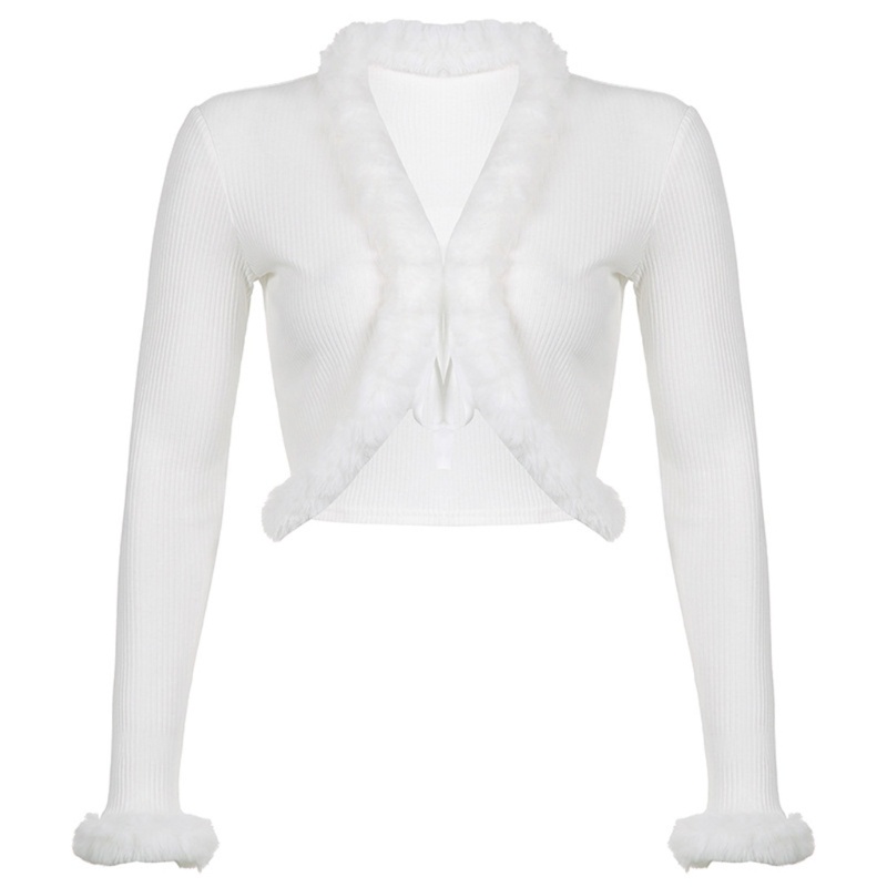 Áo Khoác Cardigan Dệt Kim Tay Dài Viền Lông Giả Màu Trơn Cột Dây Phía Trước Thời Trang Cho Nữ