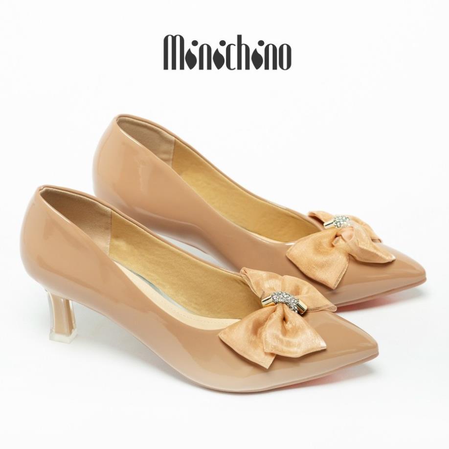 Giày cao gót nữ cao 5cm MINICHINO đính nơ da bóng mũi nhọn, gót mika thời trang màu đen TC006 ️🎯
