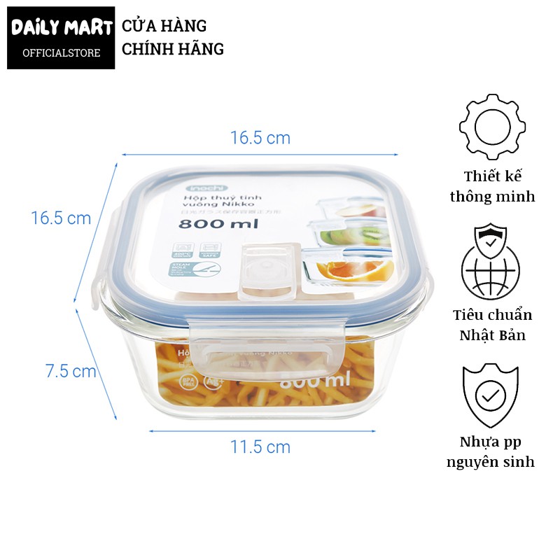 [3 Size] Hộp Thủy Tinh Đựng Thực Phẩm, Hộp Bảo Quản Thức Ăn Dạng Vuông NIKKO Inochi | BigBuy360 - bigbuy360.vn
