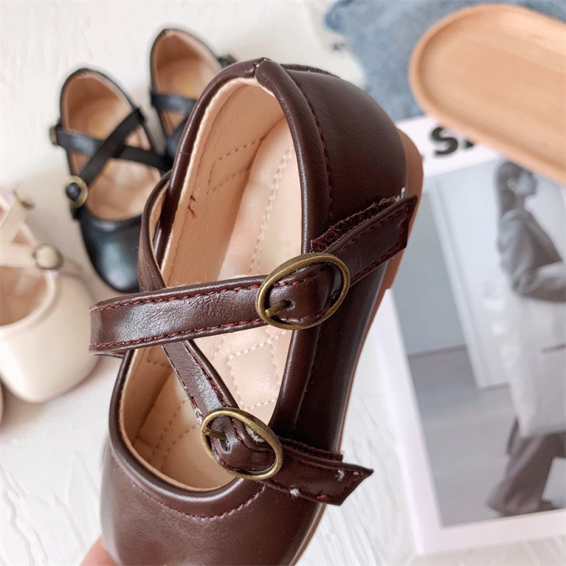 Giày Búp Bê Da Mũi Vuông Đế Mềm Phong Cách Retro Cho Bé Gái