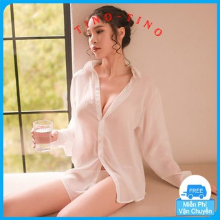 [HÀNG ĐẸP] Áo ngủ sơ mi màu trắng tinh khôi với chất liệu voan cát xuyên thấu quyến rũ