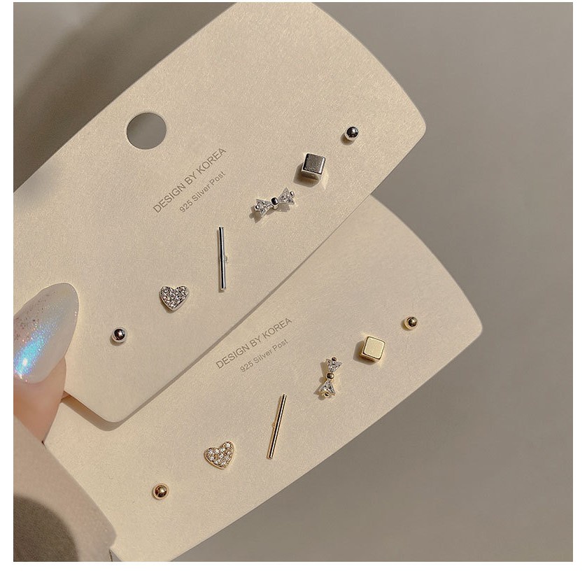 Cod Qipin 6pcs/Set Copper Material Minimalist Geometic Zircon Bow Heart Earrings Set Ear Stud Jewelry