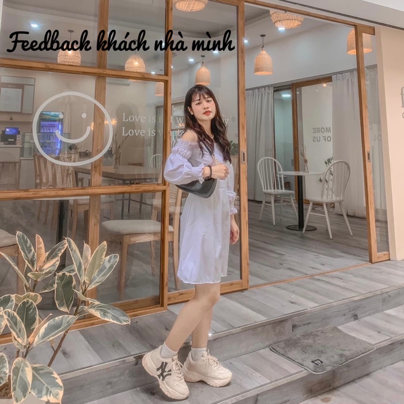 Váy bánh bèo trễ vai 💖 Hot Trend 💖 Đầm bánh bèo trễ vai 2 màu Đen, Trắng chất liệu kate mềm Korean Style Maze House