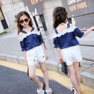 Set áo thun cổ chữ v kèm quần short phong cách hàn xinh xắn