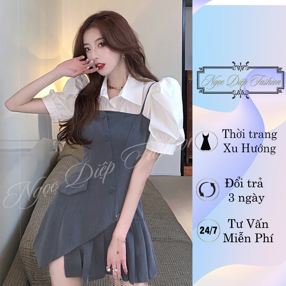 Set áo sơ mi kèm váy 2 dây xám, set thời trang công sở -Ngọc Diệp Fashion Shop