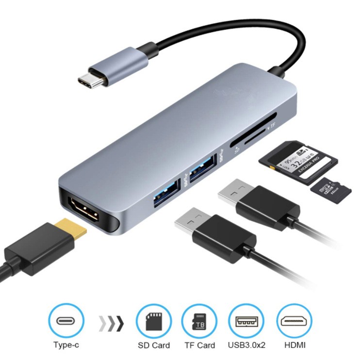 Cáp chuyển đổi USB Type c to HDMI, 2x USB 3.0, thẻ SD/TF 5in1 vỏ nhôm