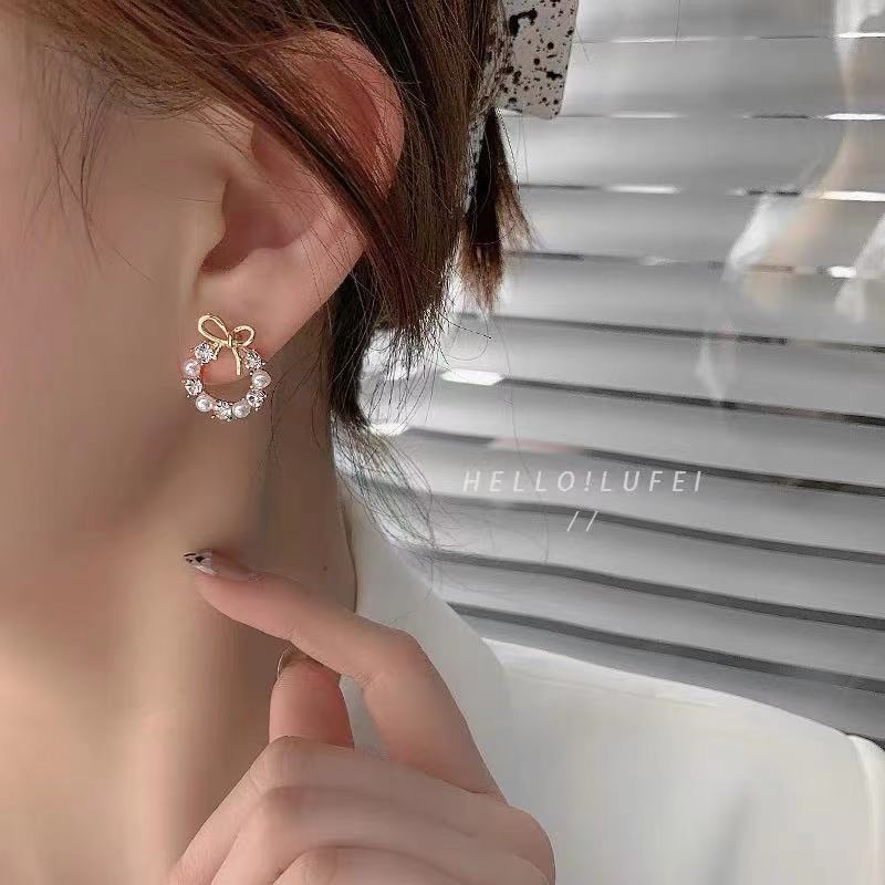 S925 silver metal small pearl bow earrings