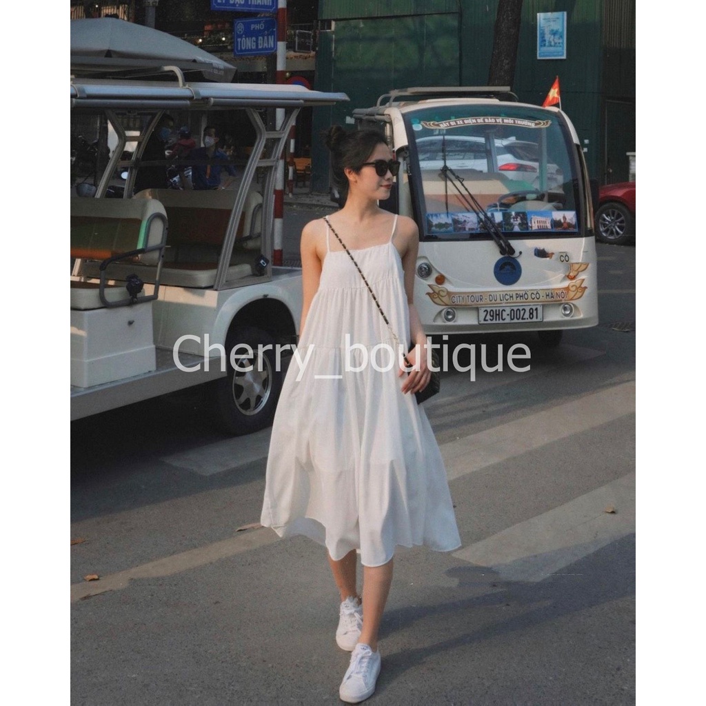 Váy babydoll hai dây voan bồng bềnh dây điều chỉnh dáng dài chữ A, Đầm xòe đi chơi, đi biển hot trend