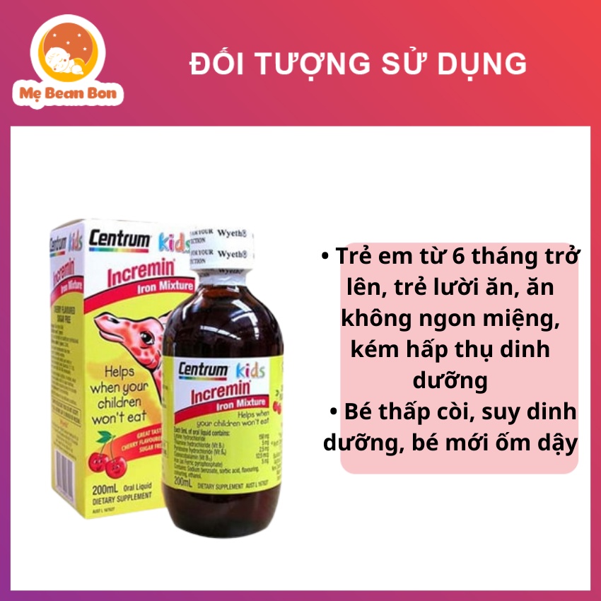 Siro Centrum Kids Incremin Iron Mixture của Úc 200ml cho bé biếng ăn giúp bé ăn ngon miệng hấp thụ dinh dưỡng tốt hơn