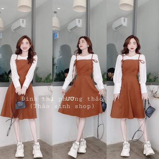 Set yếm nâu bò kèm áo sơ mi vintage
