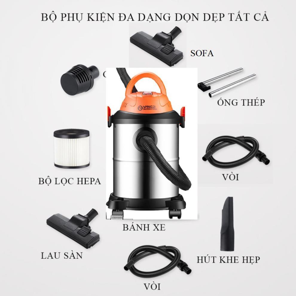 Máy hút bụi công nghiệp, gia đình công suất lớn 1200W, dung tích 15L tích hợp 3 chế độ Khô - Ướt- Thổi, bảo hành 3 năm