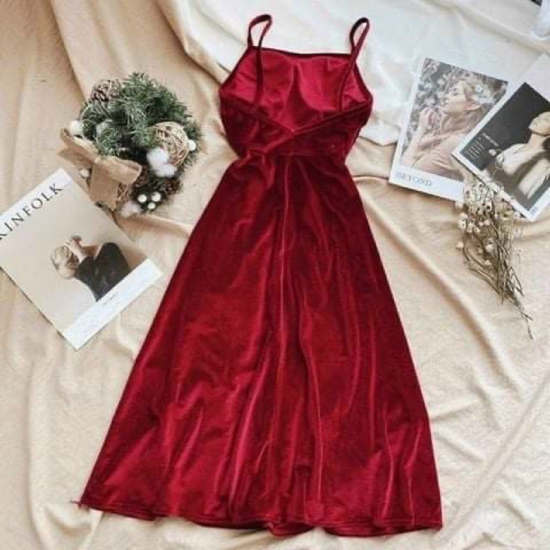 Đầm Nhung 2 dây dài qua gối loại1 có mút ngực. ĐEN-Đỏ | BigBuy360 - bigbuy360.vn