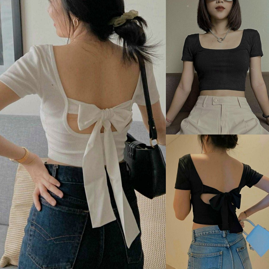 Áo croptop cột nơ  sau lưng ACON 203, hở nhẹ bờ vai, sexy năng động, áo thun gân kiểu nữ độc lạ trơn basic đen trắng ôm