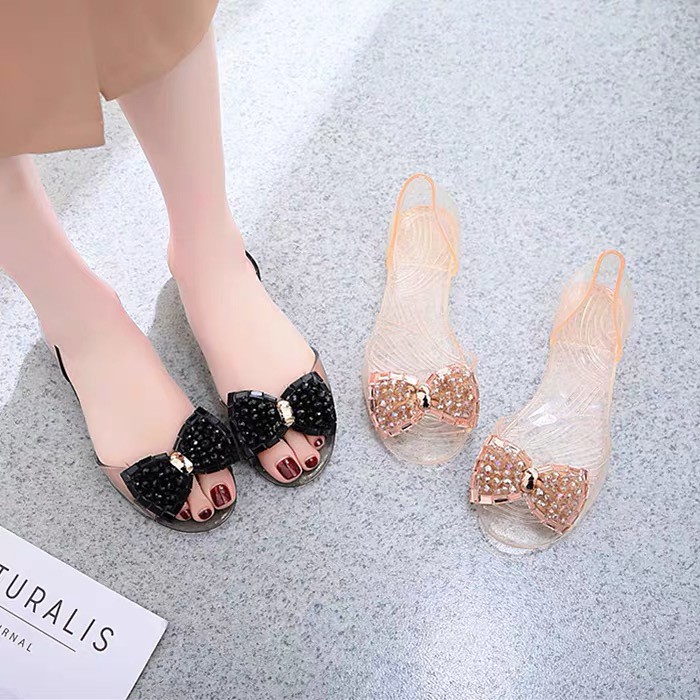 Giày búp bê nhựa nơ đá, giày búp bên nhựa đi mưa gắn nơ