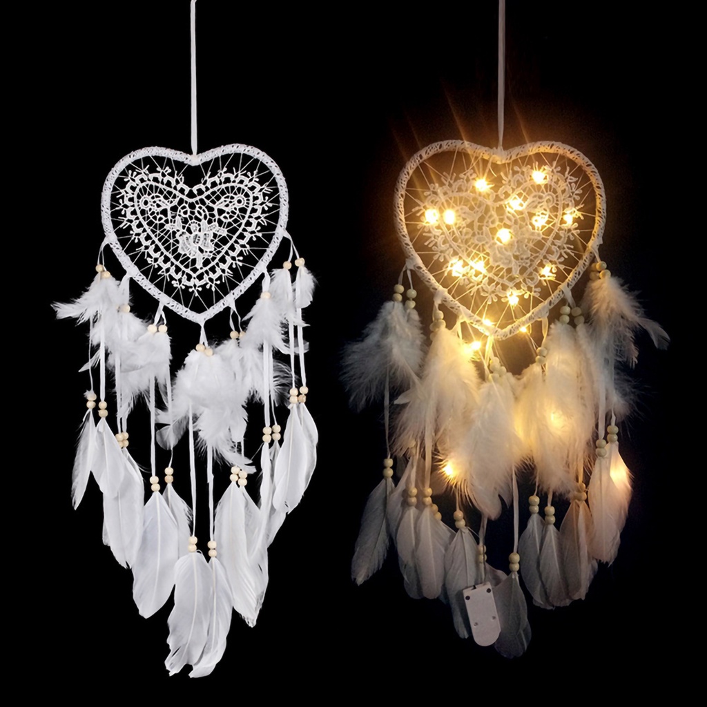 Dreamcatcher Lông Vũ Hình Trái Tim Có Đèn Led Phát Sáng Trang Trí Phòng Ngủ