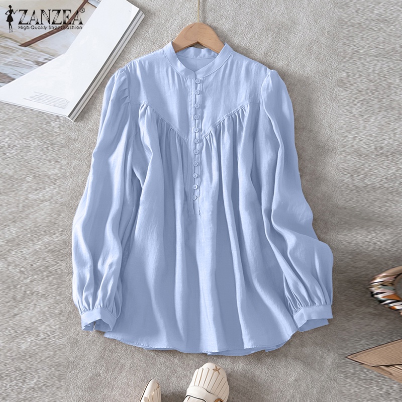 Zanzea Áo Kiểu Tay Phồng Cổ Đứng Xếp Ly Cài Nút Phong Cách Cổ Điển Thời Trang