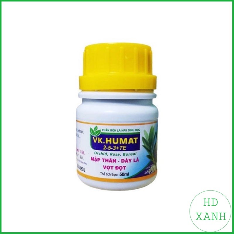 Phân bón lá VK. HUMAT 2-5-3 + TE chai 50ml giúp cây trồng Mập thân, dày lá, Vọt đọt. Chống nứt thân, vàng lá.
