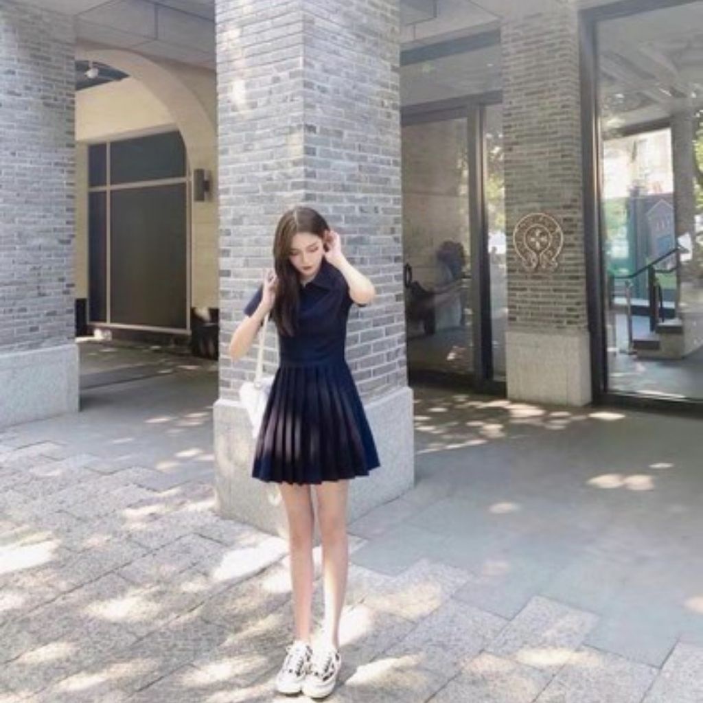 Váy Polo , Đầm Nữ Ngắn Xếp Ly , Dáng Xòe Màu Trơn , Chất Liệu Polyongester Cao Cấp Phong Cách Hàn Quốc