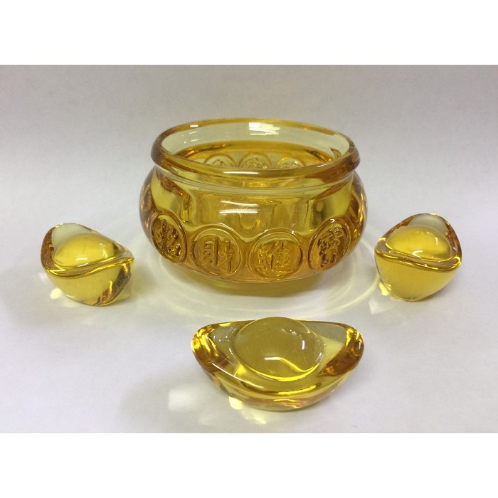 Hủ vàng bát Tụ Bảo Bồn lưu ly chiêu tài nạp lộc Thần Tài (8cm) kèm 03 thỏi kim nguyên bảo độc đáo | BigBuy360 - bigbuy360.vn