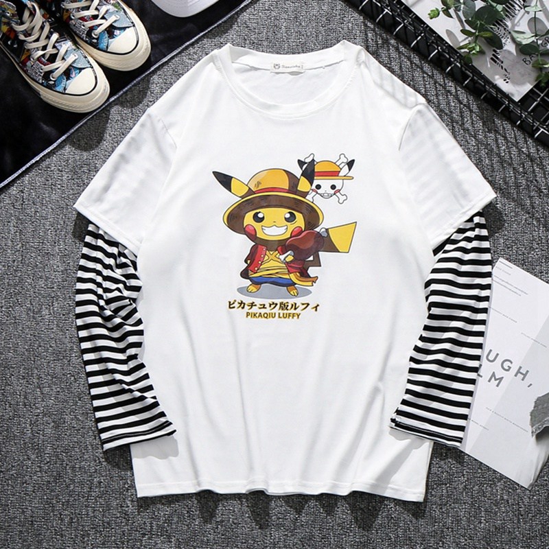 Áo thun giả 2 mảnh cổ tròn dài tay in hình Pikachu 2 màu trắng đen thời trang cho nam nữ